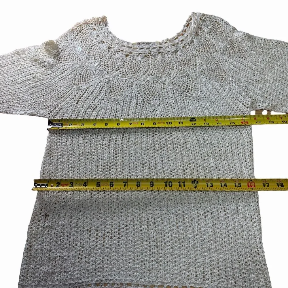 Vtg 70s Hand Crocheted Ivory Sweater Womens M Beaded Bohemian Boho Hippie